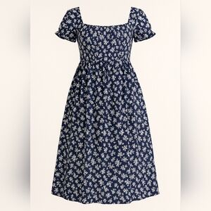 Navy Blue&White Floral Smocked Midi Dress- Medium Square Neck Puff Sleeve